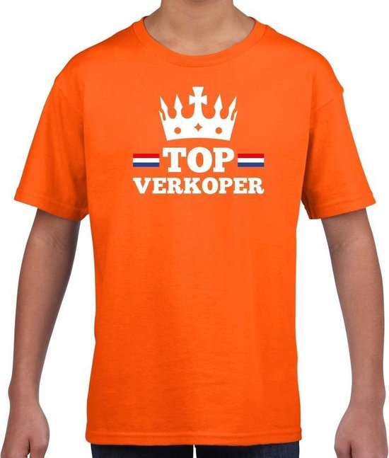Top verkoper met kroontje t-shirt / shirt oranje kinderen - Koningsdag kleding 158/164