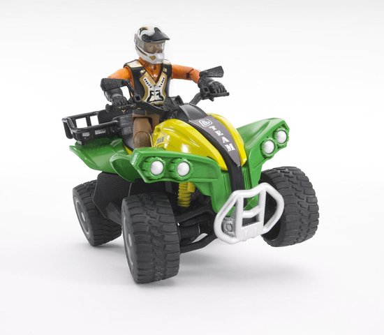 Groene en gele quad met coureur in oranje vest, helm en bruine broek.