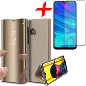 Spiegel Hoesje voor Huawei P Smart (2019) Lederen Wallet Book Case Goud + Screenprotector Gehard Glas Tempered Glass van iCall