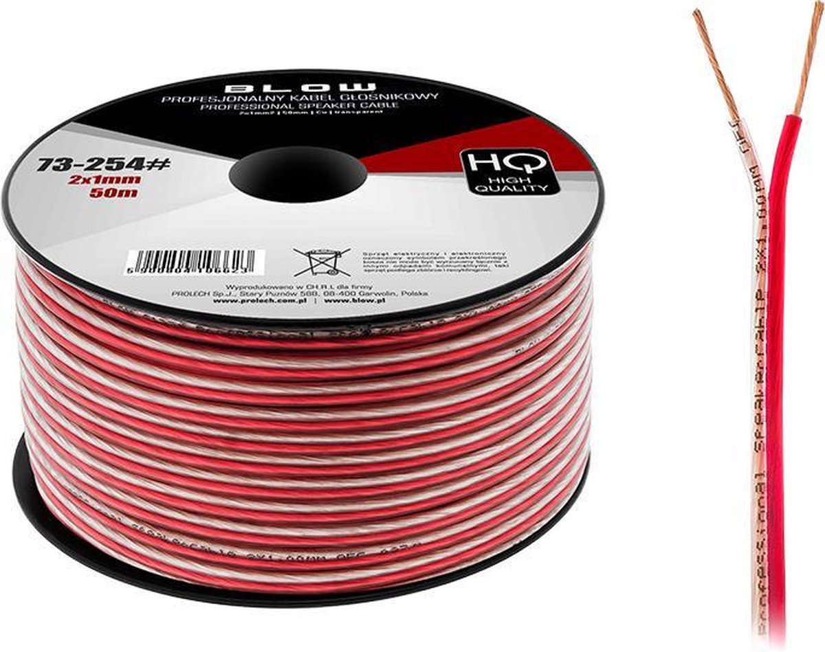 HQ luidsprekerkabel 2 x 1.00 mm transparant/rood op rol 50 meter