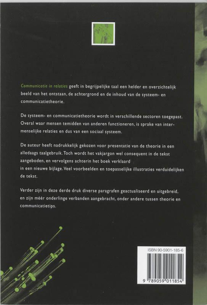 Achterkant van een boek met de titel 'Communicatie in relaties', ISBN en abstracte groene lijnen.
