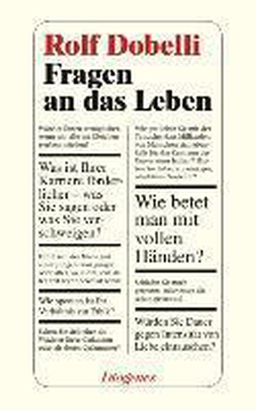 Boek "Fragen an das Leben" van Rolf Dobelli met rode en zwarte tekst op een crèmekleurige achtergrond.