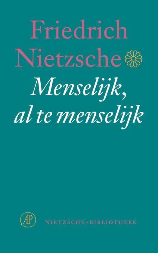 Livre 'Humain, trop humain' de Friedrich Nietzsche, avec fleur jaune.