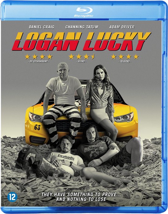 Blu-ray hoes van Logan Lucky met 4 acteurs, een gele auto en geld.