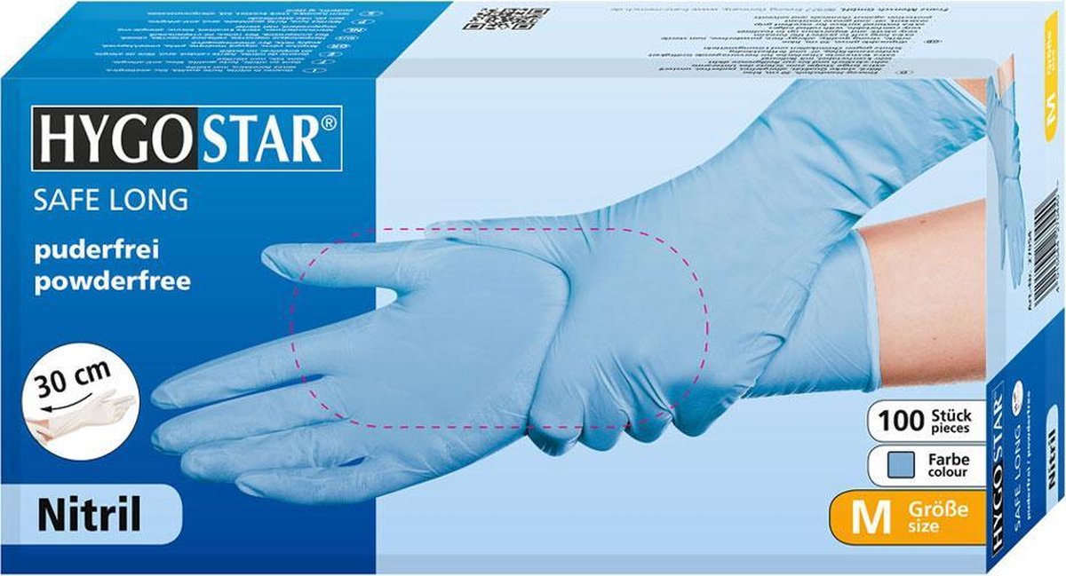 Hygostar nitril handschoenen wegwerp poedervrij lange manchet 30 cm blauw maat S
