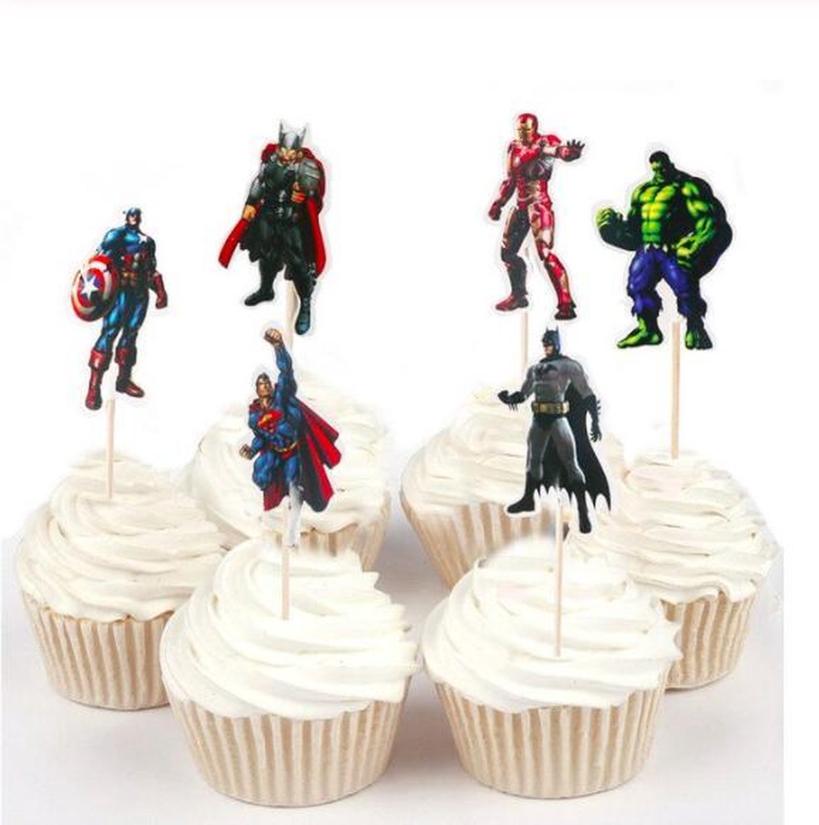 ProductGoods - 48 x Leuke Superhelden cocktailprikkers | Verjaardag | Sateprikkers | Traktatie | Feest | Cake topper decoratie | Prikkers