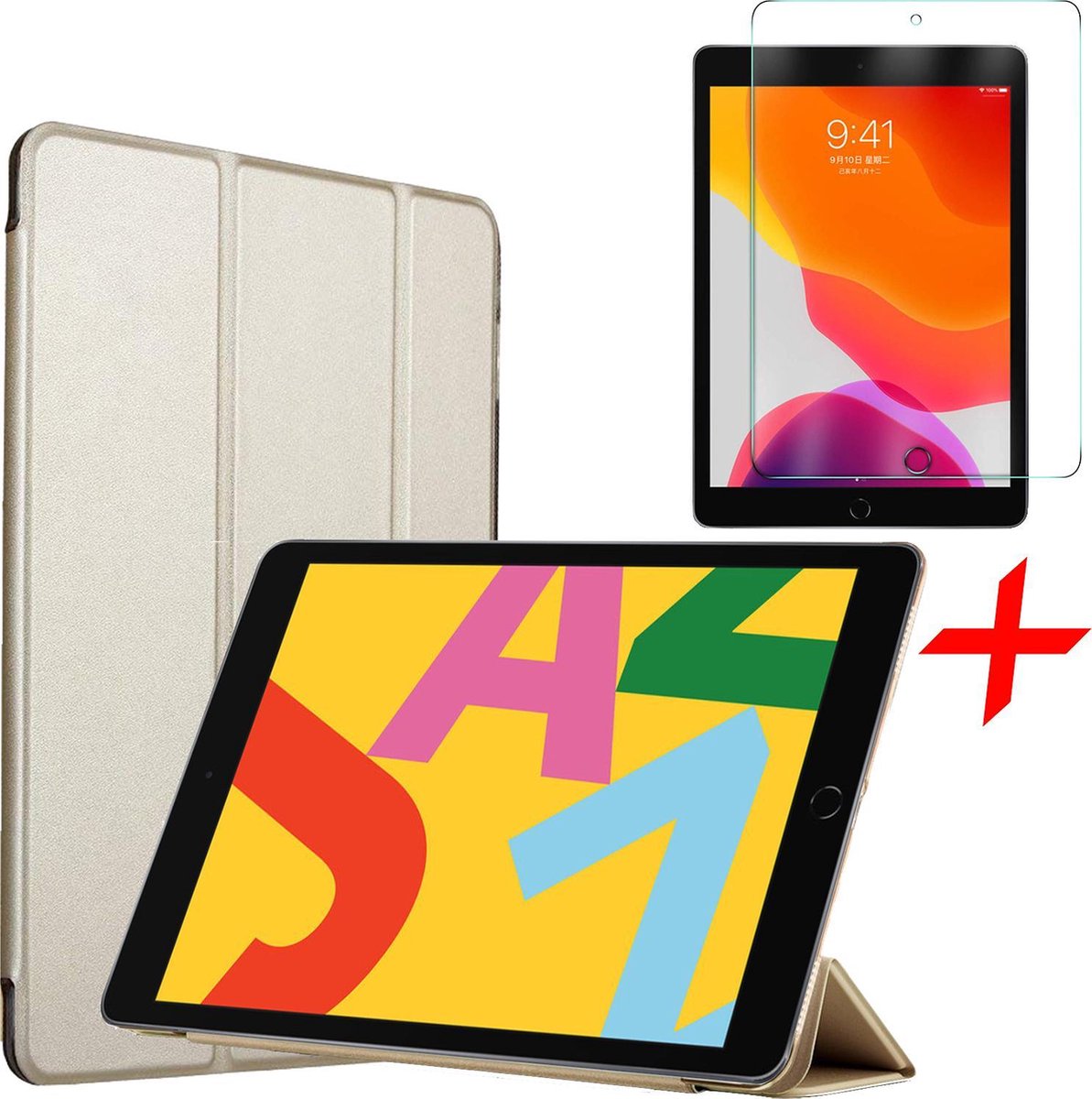 Hoes + Screenprotector geschikt voor iPad 2020 / 2019 10.2 Inch Trifold Goud