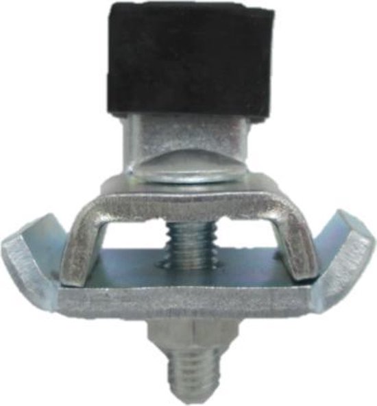 Zilveren metalen railklem met rubberen dop en moerbevestiging.