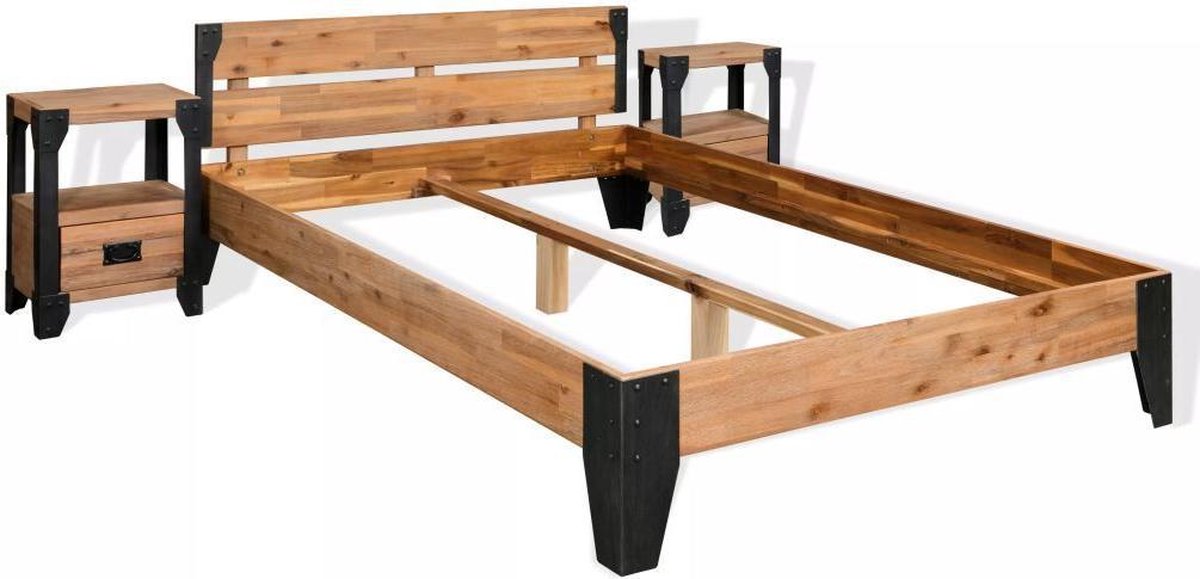 Bedframe met twee nachtkastjes (Incl Dekbed) Massief Acacia