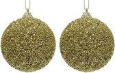 2x Gouden glitter/kralen kerstballen 8 cm kunststof - Onbreekbare kerstballen - Kerstboomversiering goud