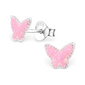 Joy|S - Zilveren vlinder roze glitter oorbellen 0.7 cm Sterling zilver 925
