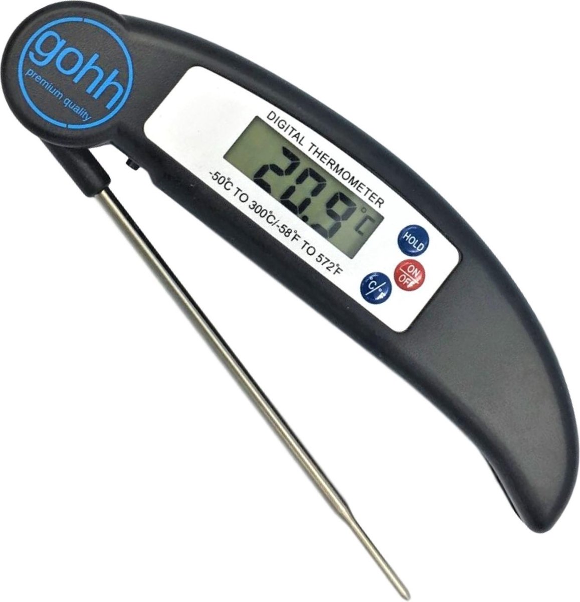 Gohh Digitale Vleesthermometer - BBQ thermometer - Kookthermometer - Suikerthermometer - Inklapbare Sonde - LCD scherm - Meter tot 300 °C - Zwart - Gohh®