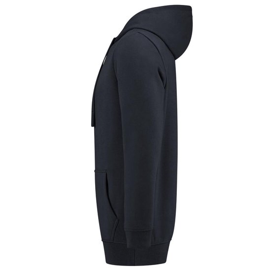 Donkerblauwe hoodie, zijaanzicht, met capuchon, lange mouwen en kangoeroezak.