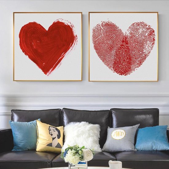 SET van 2 st. Canvas Schilderij * Rode Harten van Liefde * - Kunst aan je Muur - Modern Abstract - kleur Rood - SET 2x 60 x 60 cm