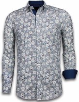 Italiaanse Overhemden - Slim Fit Overhemd - Blouse Drawn Flower Pattern - Blauw