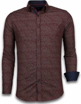 Italiaanse Overhemden - Slim Fit Overhemd - Blouse Dotted Leaves Pattern - Bordeaux