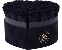 Flowerbox longlife Mary J zwart - Velvet Rouwhart met Longlife Rozen – 3 jaar houdbare bloemen - Als Blijvende Herinnering - Luxe Herdenkingsgeschenk als Symbool van Liefde bij Overlijden - Zwarte bloemen online bestellen - Met spoed geleverd