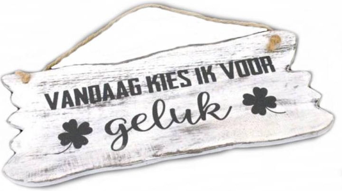 BonTon - Houten Tekstplank / Tekstbord 12 x 30 cm "Vandaag kies ik voor geluk" - Kleur Antique White