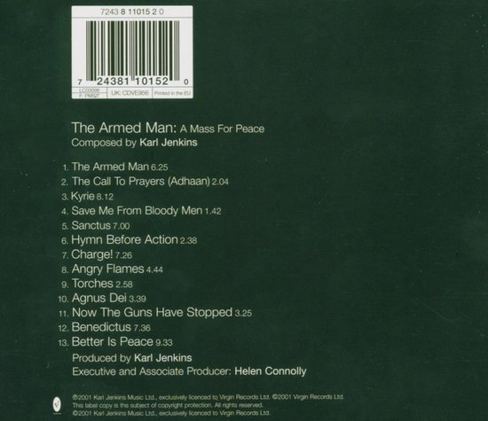 Achterkant cd-hoesje met barcode en tracklist. Titel: The Armed Man: A Mass For Peace. Componist: Karl Jenkins.