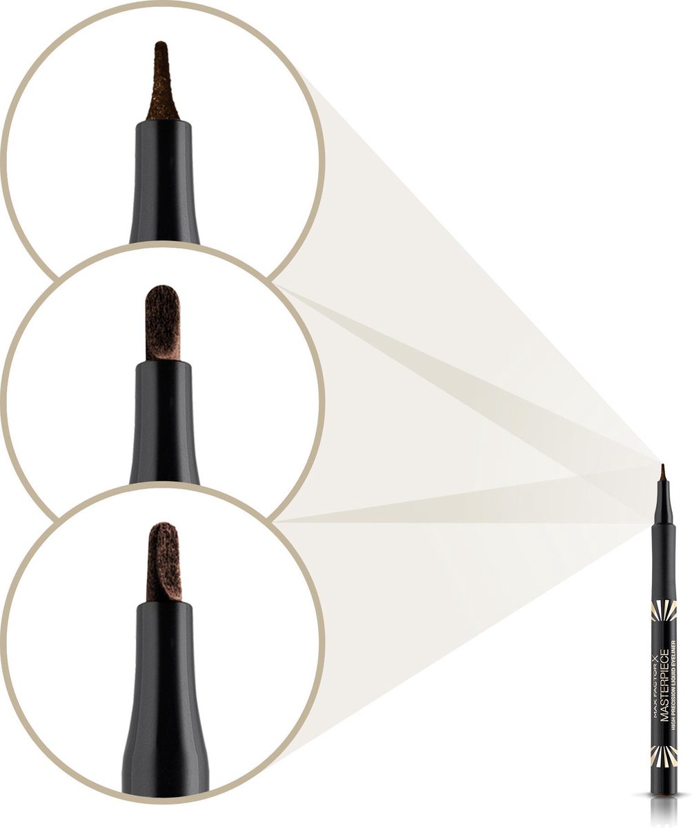 Max Factor Masterpiece vloeibare eyeliners in donkerbruin, één met dop, één zonder. Gouden details.