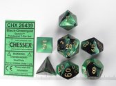 Jeu de dés Chessex, 7 polydice, Gemini noir-vert w / or