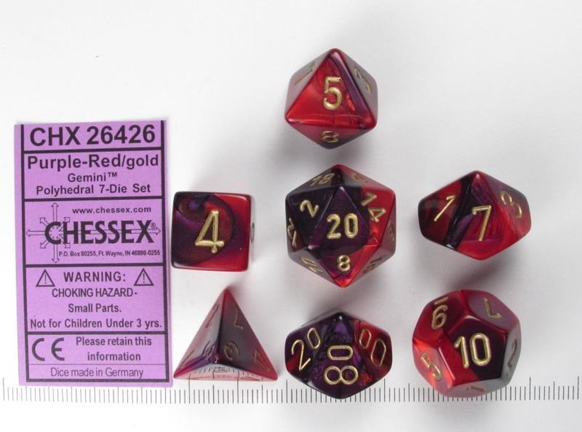 Chessex dobbelstenen set Gemini polyhedraal paars-rood-goud 7 stuks.