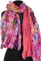 Dames sjaal met bloemen - gekreukt viscose - oranje - roze - blauw - geel - turquoise - crème - 110 x 180 cm