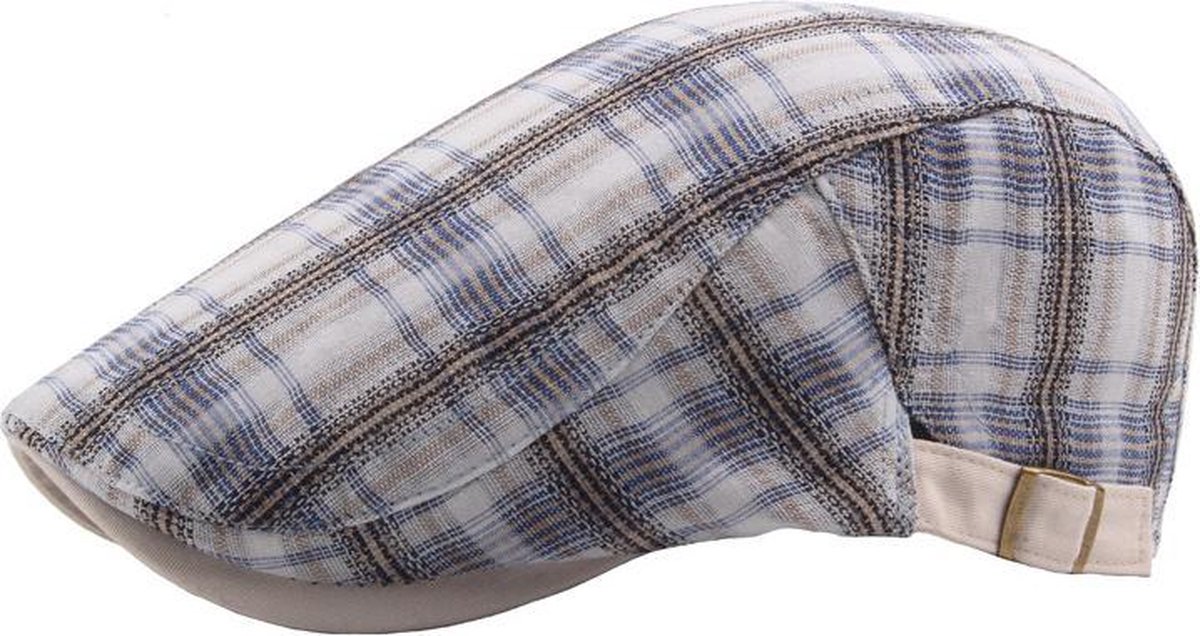 Flatcap wit met blauw/beige geruit - Platte pet - Verstelbaar