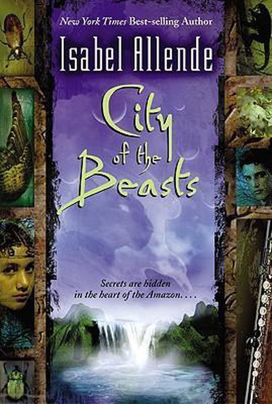Boekomslag van 'City of the Beasts' door Isabel Allende, met een waterval en een tropische jungle.