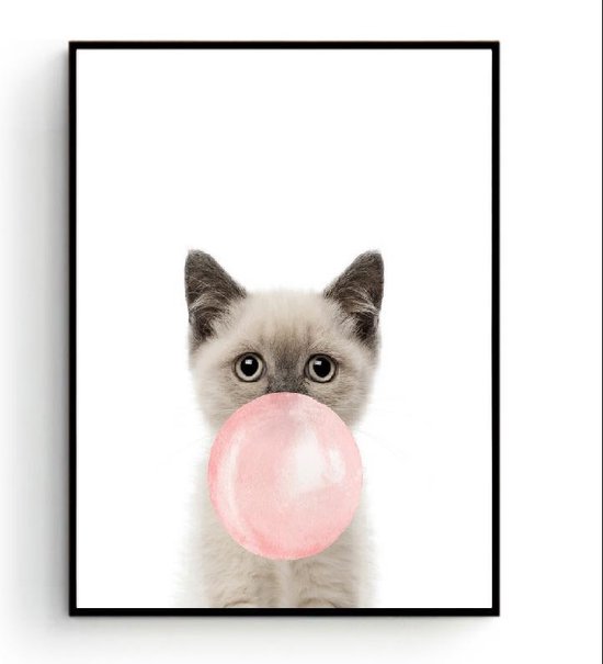 Postercity - Design Canvas Poster Poesje/Kitten met Roze Kauwgom / Kinderkamer / Muurdecoratie / 40 x 30cm / A3