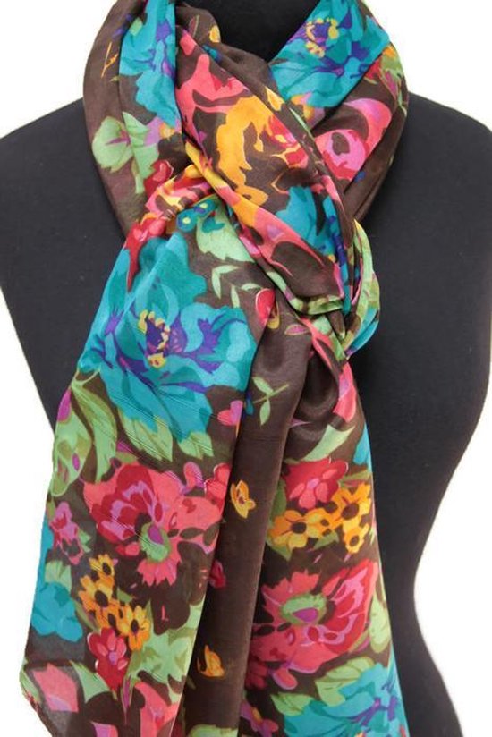 Dames sjaal met bloemen - viscose - bruin - turquoise - groen - geel - roze - 110 x 180 cm