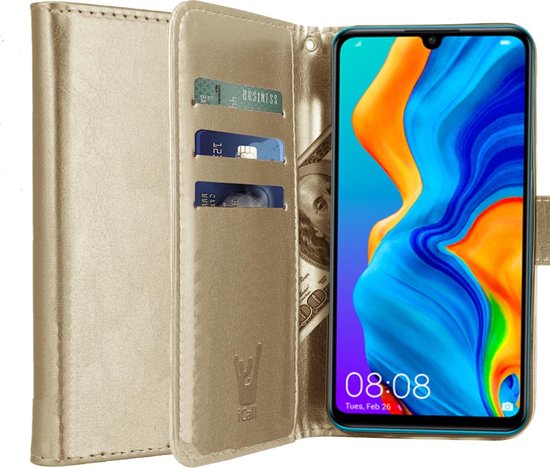 iCall - Huawei P30 Lite Hoesje - Lederen TPU Book Case Portemonnee Flip Wallet - Goud