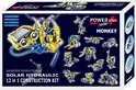 De verpakking van de 'POWERplus Junior Monkey' 12-in-1 Solar Hydraulic Construction Kit, met afbeeldingen van verschillende modellen.