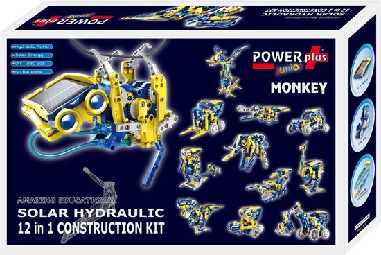 De verpakking van de 'POWERplus Junior Monkey' 12-in-1 Solar Hydraulic Construction Kit, met afbeeldingen van verschillende modellen.