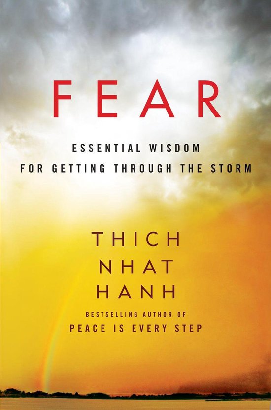 Boekomslag 'FEAR, ESSENTIAL WISDOM FOR GETTING THROUGH THE STORM' van THICH NHAT HANH, met een dramatische lucht en een regenboog.