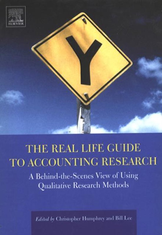 Boekomslag met een geel Y-splitsingsbord boven de titel 'THE REAL LIFE GUIDE TO ACCOUNTING RESEARCH'.
