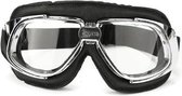 Retro, chrome zwart leren motorbril helder glas