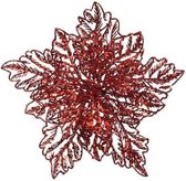 1x Kerstboomversiering op clip rode glitter bloem 23 cm - kerstboom decoratie - rode kerstversieringen