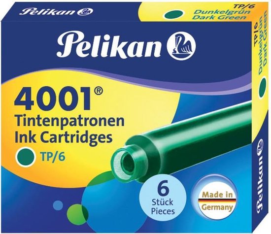 Boîte de 6 cartouches d'encre Pelikan 4001, vert foncé (TP/6), fabriquée en Allemagne.