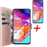 Hoesje geschikt voor Samsung Galaxy A70 - Screen Protector GlassGuard - Book Case Leer Pasjeshouder Rosegoud & Screenprotector