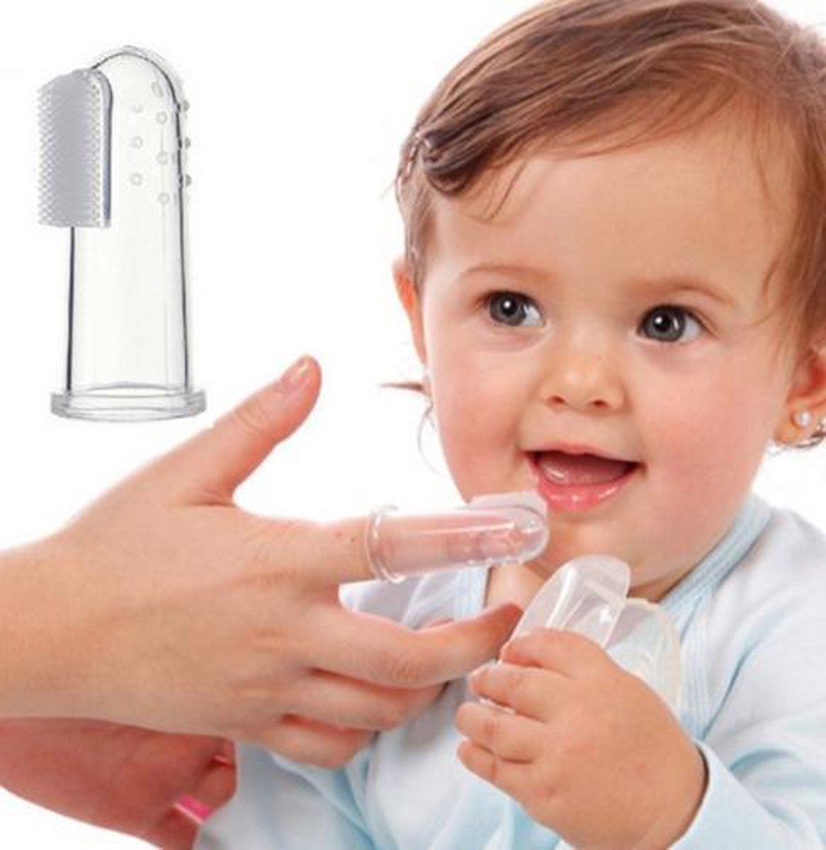 Enfants silicone Brosse à dents bébé doigt Brosse à dents Gum bébé massage pour nettoyage buccal avec bébé Boîte Tongue Accessoires de nettoyage Bleu