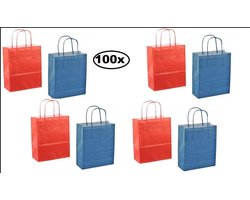 100x Papieren koordtas rood en blauw 18x8x22cm 100x Papieren koordtas rood en blauw 18x8x22cm