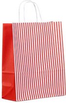 Papieren Draagtassen Rood & Wit gestreept - 32+12x40 cm - Gedraaide grepen - 50 stuks