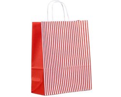Papieren draagtassen - 32+12x40 cm - Rood/Wit gestreept - Gedraaide grepen - 50 stuks