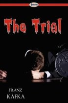 Boek kaft met de titel 'The Trial' in rode, puntige letters. Een man ligt met zijn hoofd op zijn armen. De naam 'FRANZ KAFKA' staat onderaan.