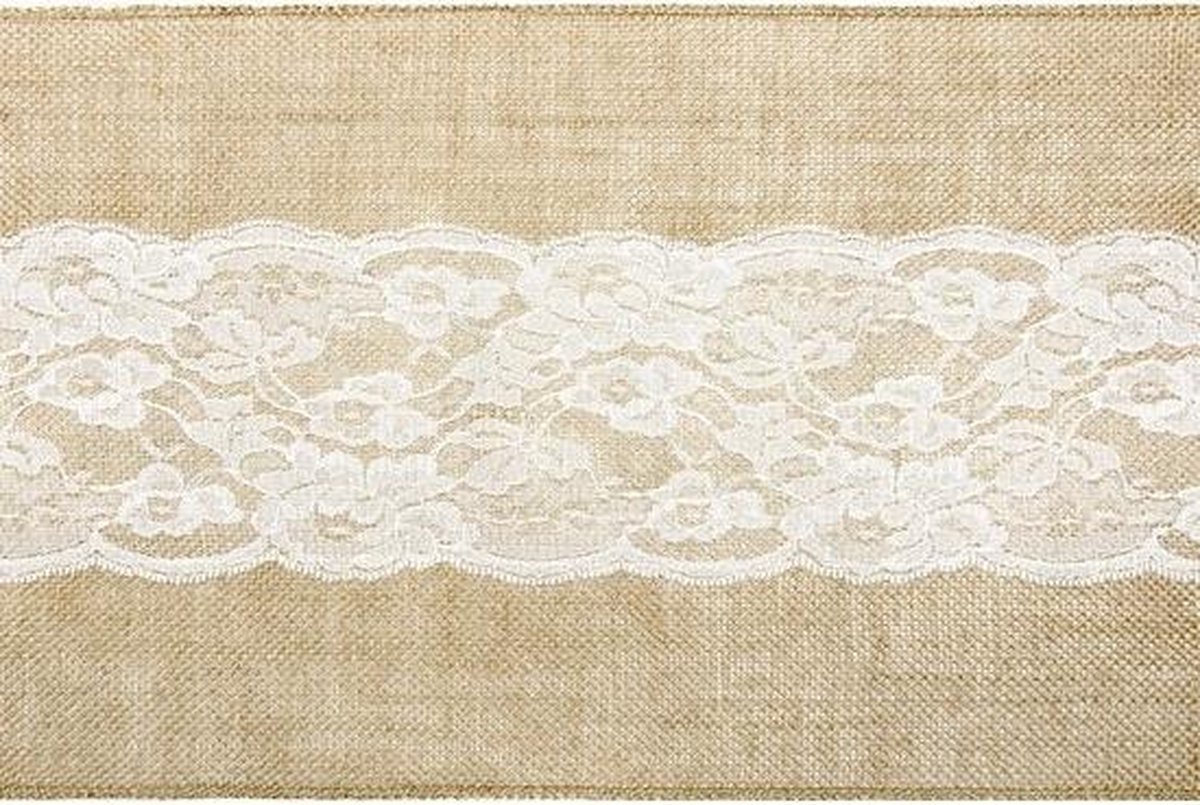 Kerst thema jute tafelloper 28 x 275 cm met wit kant - Kerstdiner tafeldecoratie versieringen