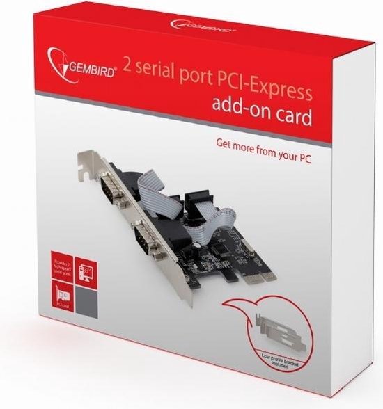 Gembird 2 seriële poort PCI-Express add-on kaart op een witte achtergrond. De doos toont de kaart en tekst.