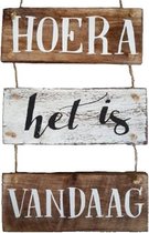 Houten Tekstplank / Tekstbord 30x20 cm "Hoera het is Vandaag" - Kleur Antique White en Naturel