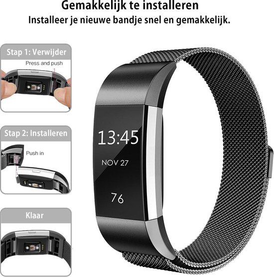 Milanees Horloge Band Voor de Fitbit Charge 2 - Milanese Metalen Watchband - Armband RVS - Zwart / Black - Medium / Large - Merkloos