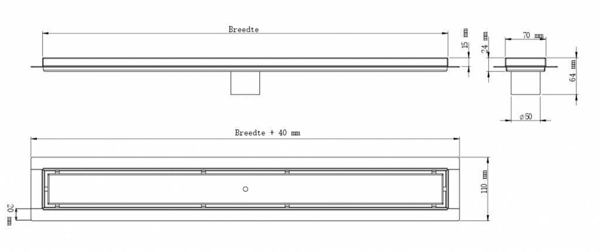CityLine douchegoot RVS 120cm Onderuitloop Zwart Glas